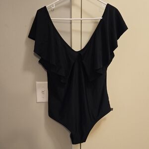 Black Ruffled V-Neck Swimsuit